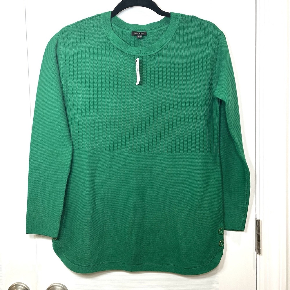 NWT Talbots Women's XS Green Ribbed Crew Neck Long Sleeve Sweater Curved Hem